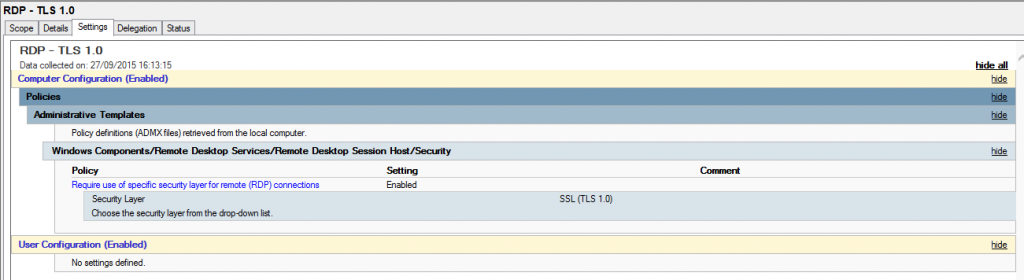 RDP - TLS 1.0 GPO