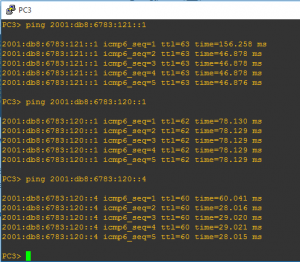 Checking IPv6 endpoint connectivity from PC3 to PC1. Checking IPv6 endpoint connectivity from PC3 to PC1.