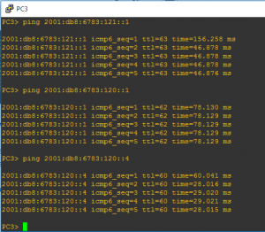 Checking IPv6 endpoint connectivity from PC3 to PC1.