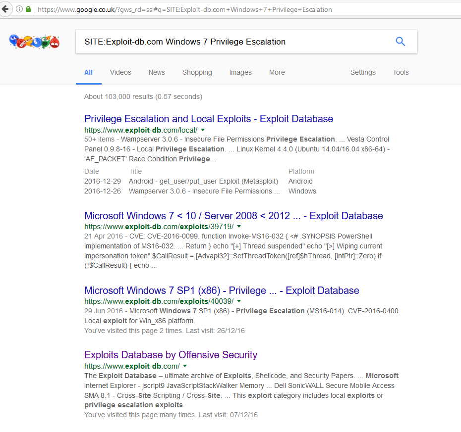 Google search of the Exploit-DB