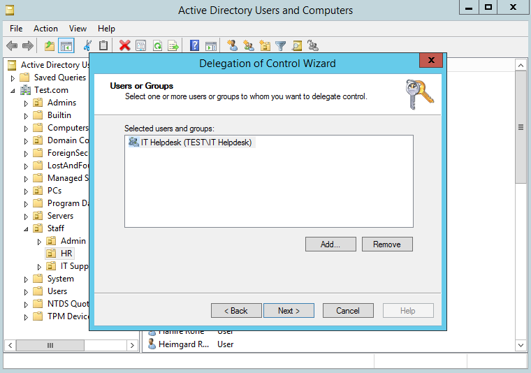 AD Delegation of Control Wizard add group